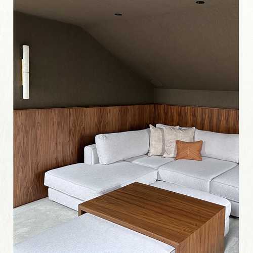 Our cinema room project is nearing completion and we're delighted with it. Featuring a bespoke sofa and footstool, which can be repositioned to create a huge bed. Acoustic underlay and wrap around textured walls and ceilings help to prevent sound from travelling. Custom walnut panelling featuring ebonised shadow gaps and a subdued LED ledge highlights the soft tactility of the walls. Thank you to our wonderful client for having such exceptional taste.
#homedesign #interiordesignilkley #cinemaroomilkley #cinemaroomdesign #bespokesofa #modernhome #homedesign #interiors #interiordesigner #interiorarchitecture #liftingthelid #hitchcockspiersdesign